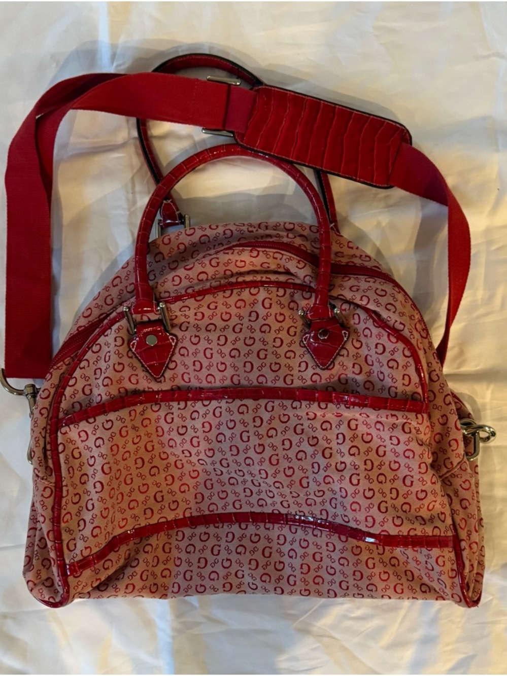 Red Patterned Dome Satchel Handbag